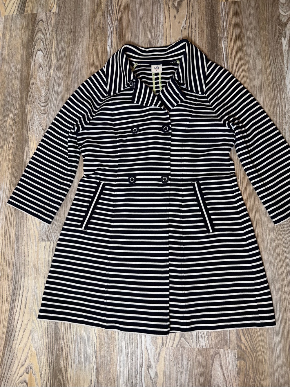 CAbi Maritime Navy White Striped Knit Trench Jacket Coat Double Breasted Medium - Picture 8 of 13
